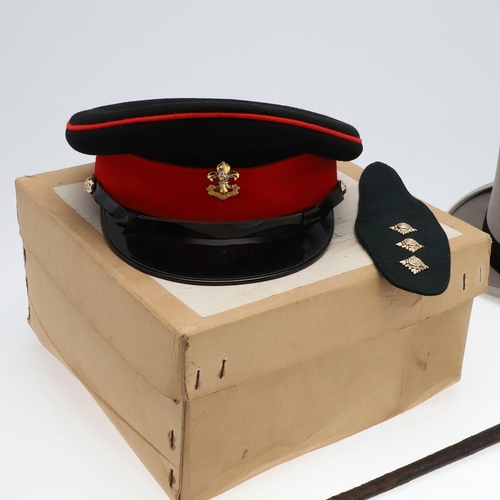 421 - A KING's  REGIMENT DRESS CAP, GREY TOP HAT AND MASONIC SWORD. A King's  Regiment scarlet and blue dr... 