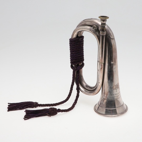 483 - A 38TH WELSH DIVISION PRESENTATION BUGLE. A silver plated bugle by Besson and Co of London, engraved... 