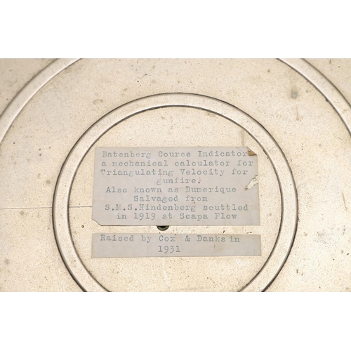 487 - A FIRST WORLD WAR BATTENBURG COURSE INDICATOR FROM SMS HINDENBURG. A base plate for a Battenburg cou... 