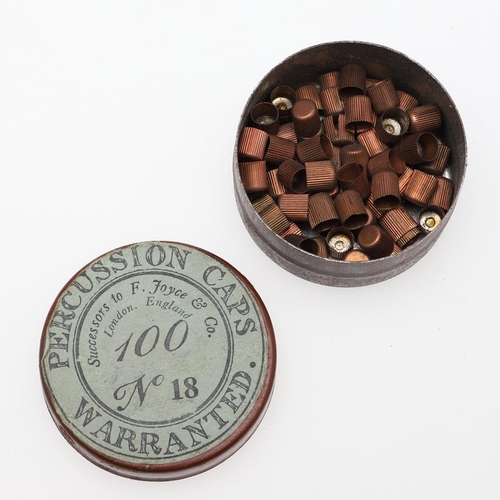 50 - A COPPER BODIED POWDER FLASK, BULLET MOLD AND PERCUSSION CAPS. A small copper bodied powder flask de... 