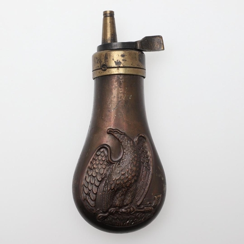 50 - A COPPER BODIED POWDER FLASK, BULLET MOLD AND PERCUSSION CAPS. A small copper bodied powder flask de... 