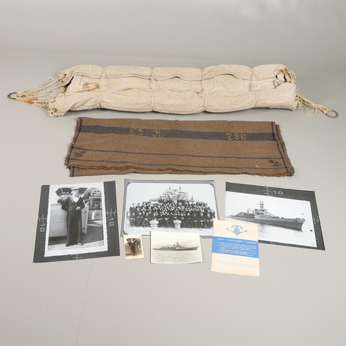 538 - A SECOND WORLD WAR OR LATER SHIP's  HAMMOCK, BLANKET AND A COLLECTION OF PHOTOGRAPHS. A ship's  hamm... 