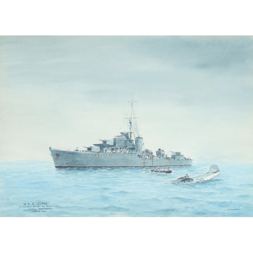 545 - H.M.S. JUNO RESCUING PILOT OF ALBACORE. Eric Tufnell 'H.M.S. Juno rescuing pilot of Albacore after M... 