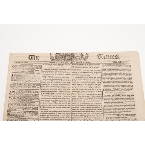 553 - A FACSIMILE COPY OF THE TIMES FOR NOVEMBER 7TH 1805. The Times for the 7th November 1805 contained V... 