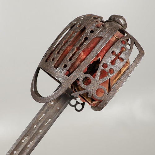 69 - A 19TH CENTURY SCOTTISH BASKET HILTED SWORD WITH DECORATIVE PIERCED BLADE. With a 90cm tapering poin... 