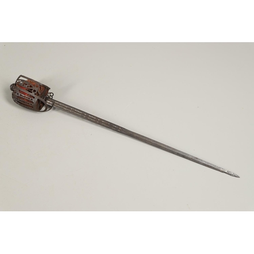 69 - A 19TH CENTURY SCOTTISH BASKET HILTED SWORD WITH DECORATIVE PIERCED BLADE. With a 90cm tapering poin... 