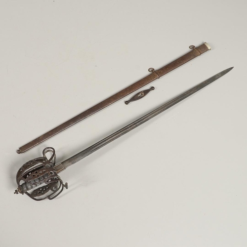 70 - AN 1828 PATTERN KINGS OWN BORDERERS BASKET HILT SWORD AND SCABBARD. With an 83cm pointed blade with ... 