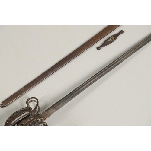 70 - AN 1828 PATTERN KINGS OWN BORDERERS BASKET HILT SWORD AND SCABBARD. With an 83cm pointed blade with ... 