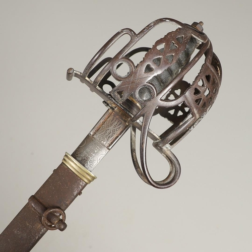 70 - AN 1828 PATTERN KINGS OWN BORDERERS BASKET HILT SWORD AND SCABBARD. With an 83cm pointed blade with ... 