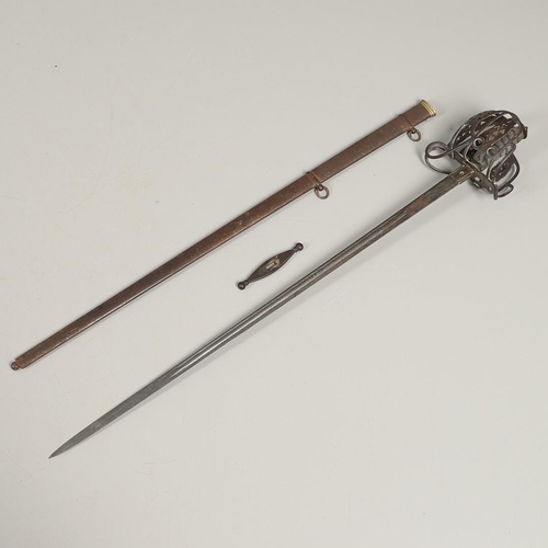 70 - AN 1828 PATTERN KINGS OWN BORDERERS BASKET HILT SWORD AND SCABBARD. With an 83cm pointed blade with ... 