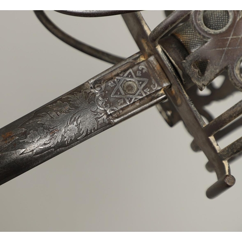 70 - AN 1828 PATTERN KINGS OWN BORDERERS BASKET HILT SWORD AND SCABBARD. With an 83cm pointed blade with ... 