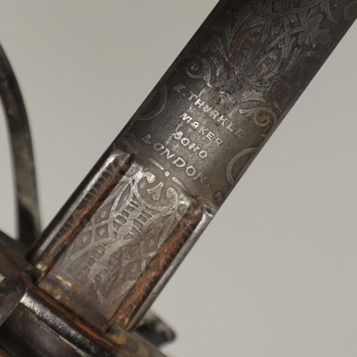 70 - AN 1828 PATTERN KINGS OWN BORDERERS BASKET HILT SWORD AND SCABBARD. With an 83cm pointed blade with ... 