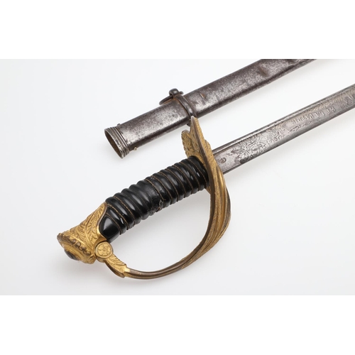 73 - A 19TH CENTURY FRENCH OR BELGIAN GILT HILTED SWORD AND SCABBARD. With a 90cm pipe-backed decorated b... 