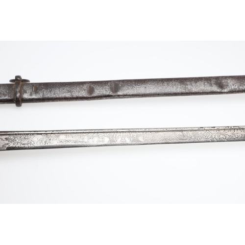 73 - A 19TH CENTURY FRENCH OR BELGIAN GILT HILTED SWORD AND SCABBARD. With a 90cm pipe-backed decorated b... 