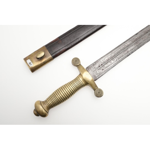 84 - A 19th CENTURY FRENCH SHORT SWORD AND SCABBARD. With a 44.5cm pointed, double edged and double fulle... 