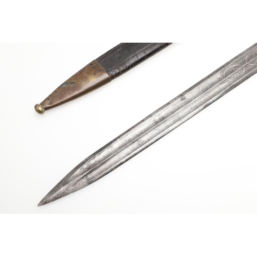 84 - A 19th CENTURY FRENCH SHORT SWORD AND SCABBARD. With a 44.5cm pointed, double edged and double fulle... 