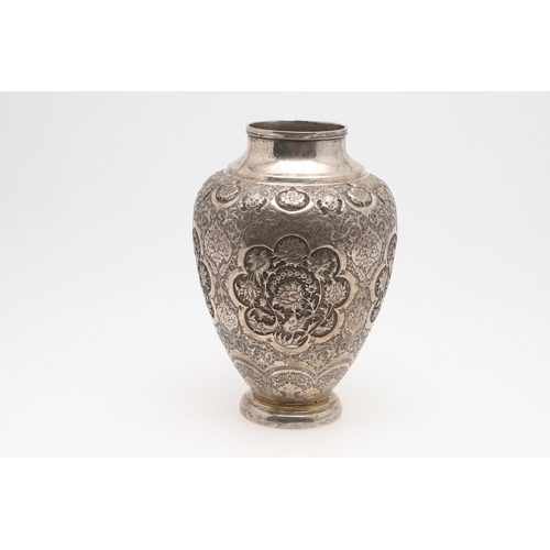 109 - A LATE 19TH/ EARLY 20TH CENTURY ISFAHAN PERSIAN SILVER VASE. with a tapering ovoid body, decorated p... 