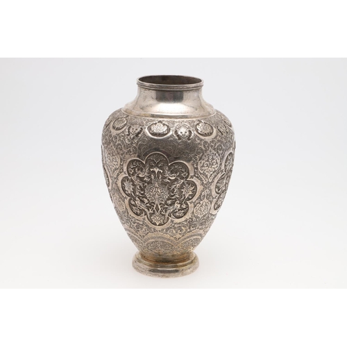 109 - A LATE 19TH/ EARLY 20TH CENTURY ISFAHAN PERSIAN SILVER VASE. with a tapering ovoid body, decorated p... 