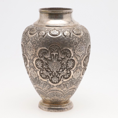 109 - A LATE 19TH/ EARLY 20TH CENTURY ISFAHAN PERSIAN SILVER VASE. with a tapering ovoid body, decorated p... 