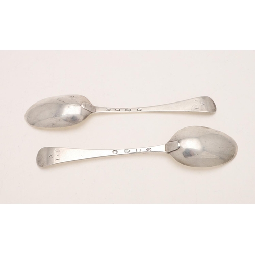 11 - A PAIR OF GEORGE II IRISH HANOVERIAN PATTERN SILVER TABLESPOONS. initialled on the back of the termi... 