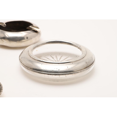 111 - SILVER ASHTRAYS:-. five silver ashtrays (one inscribed & one with an emblem) and a glass mounted ash... 