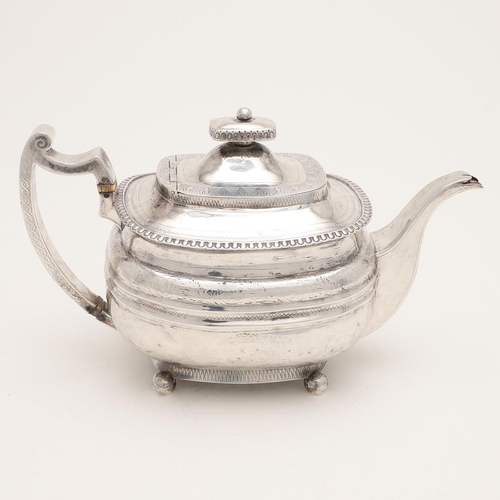 114 - A GEORGE III NORTH-COUNTRY PROVINCIAL SILVER TEA POT. of rounded oblong form, with an egg & dart bor... 