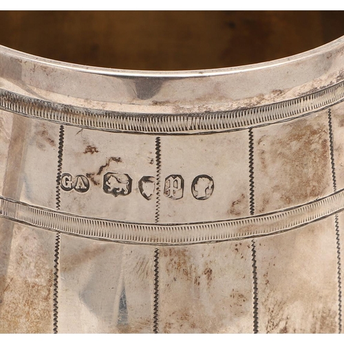 117 - A VICTORIAN SILVER BARREL MUG. with engraved hoops & staves, an angular scroll handle & initialled o... 