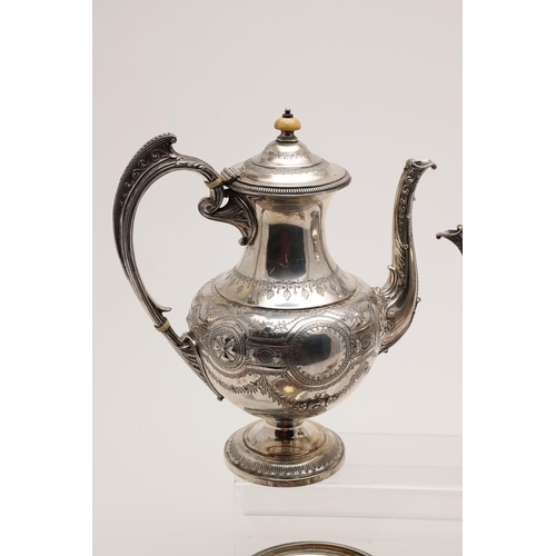 119 - A VICTORIAN FOUR-PIECE SILVER TEA & COFFEE SERVICE. of circular bellied form, with embossed, chased ... 