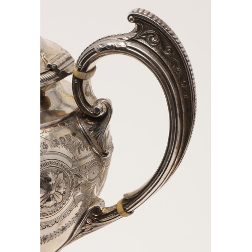 119 - A VICTORIAN FOUR-PIECE SILVER TEA & COFFEE SERVICE. of circular bellied form, with embossed, chased ... 