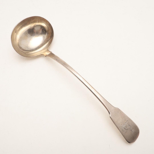 13 - A GEORGE III FIDDLE PATTERN SILVER SOUP LADLE. crested, by John & Henry Lias, London 1780; 13.5