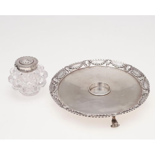 136 - A VICTORIAN SILVER INKSTAND. circular outline, the applied border with alternating masks intersperse... 