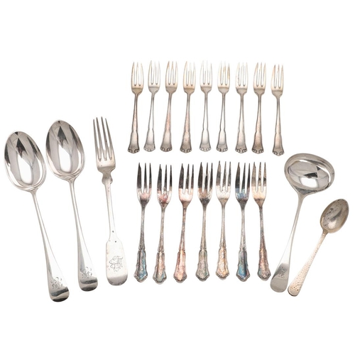 14 - MISCELLANEOUS SILVER FLATWARE. including a set of 7 loose German pastry/ cake forks, two tablespoons... 