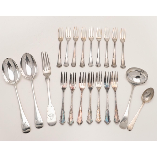 14 - MISCELLANEOUS SILVER FLATWARE. including a set of 7 loose German pastry/ cake forks, two tablespoons... 