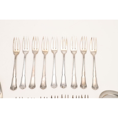 14 - MISCELLANEOUS SILVER FLATWARE. including a set of 7 loose German pastry/ cake forks, two tablespoons... 