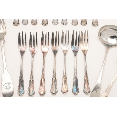 14 - MISCELLANEOUS SILVER FLATWARE. including a set of 7 loose German pastry/ cake forks, two tablespoons... 