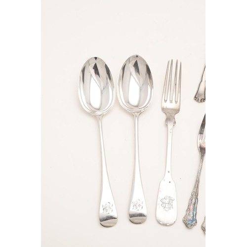 14 - MISCELLANEOUS SILVER FLATWARE. including a set of 7 loose German pastry/ cake forks, two tablespoons... 