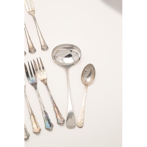 14 - MISCELLANEOUS SILVER FLATWARE. including a set of 7 loose German pastry/ cake forks, two tablespoons... 