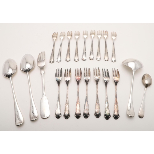 14 - MISCELLANEOUS SILVER FLATWARE. including a set of 7 loose German pastry/ cake forks, two tablespoons... 