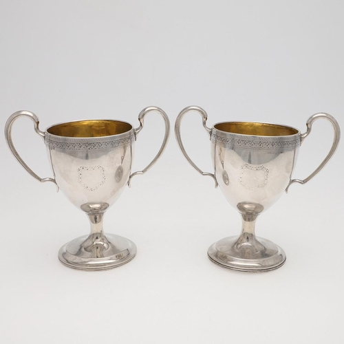 149 - A PAIR OF GEORGE III IRISH SILVER TWO-HANDLED CUPS. campana form, with twin scroll handles, an engra... 