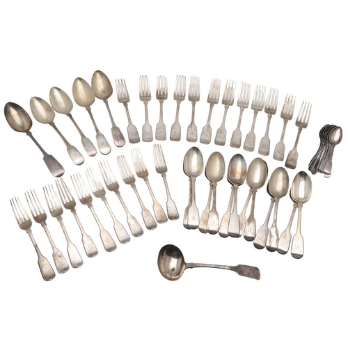 15 - A VICTORIAN PART-CANTEEN OF FIDDLE PATTERN SILVER FLATWARE. comprising of 12 table forks, 10 dessert... 