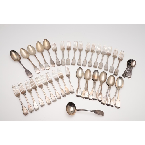 15 - A VICTORIAN PART-CANTEEN OF FIDDLE PATTERN SILVER FLATWARE. comprising of 12 table forks, 10 dessert... 