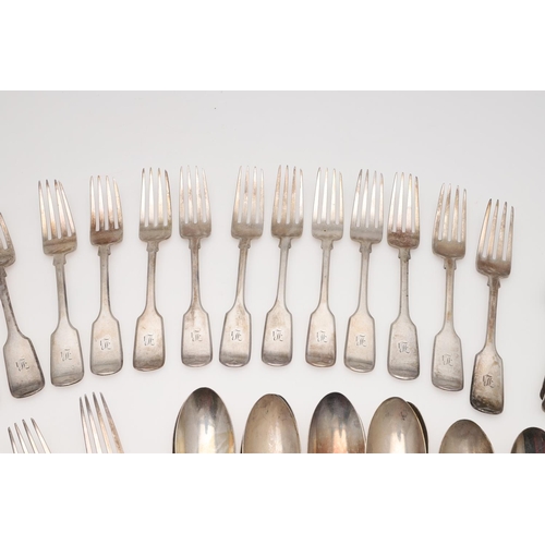 15 - A VICTORIAN PART-CANTEEN OF FIDDLE PATTERN SILVER FLATWARE. comprising of 12 table forks, 10 dessert... 