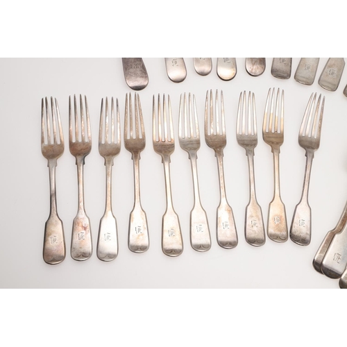 15 - A VICTORIAN PART-CANTEEN OF FIDDLE PATTERN SILVER FLATWARE. comprising of 12 table forks, 10 dessert... 