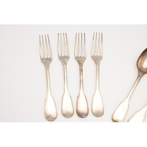 16 - 19TH CENTURY FRENCH FIDDLE & THREAD SILVER FLATWARE. four table forks & four tablespoons, makers mar... 