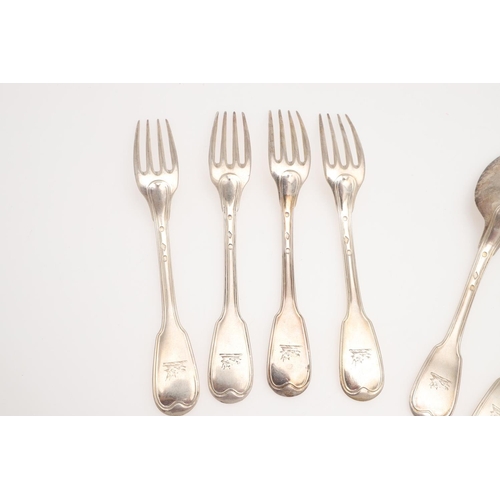 16 - 19TH CENTURY FRENCH FIDDLE & THREAD SILVER FLATWARE. four table forks & four tablespoons, makers mar... 