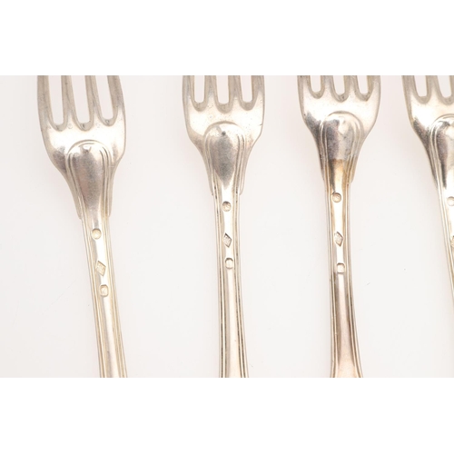 16 - 19TH CENTURY FRENCH FIDDLE & THREAD SILVER FLATWARE. four table forks & four tablespoons, makers mar... 