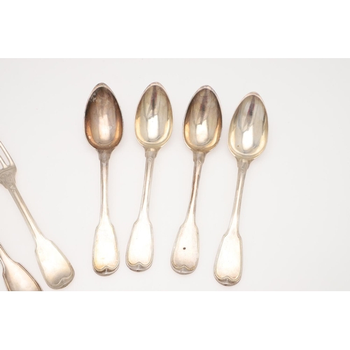 16 - 19TH CENTURY FRENCH FIDDLE & THREAD SILVER FLATWARE. four table forks & four tablespoons, makers mar... 