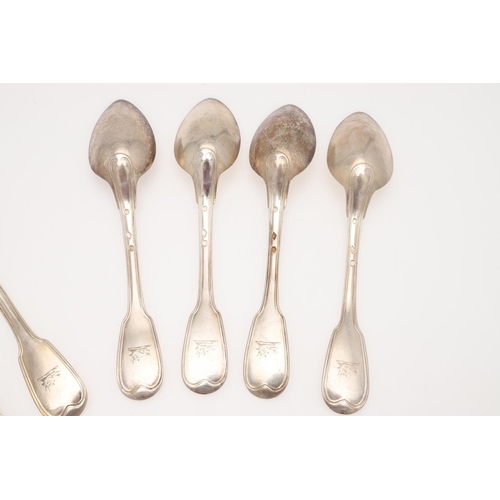 16 - 19TH CENTURY FRENCH FIDDLE & THREAD SILVER FLATWARE. four table forks & four tablespoons, makers mar... 