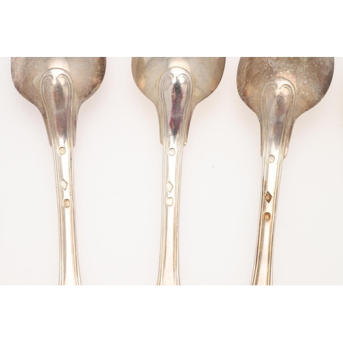 16 - 19TH CENTURY FRENCH FIDDLE & THREAD SILVER FLATWARE. four table forks & four tablespoons, makers mar... 