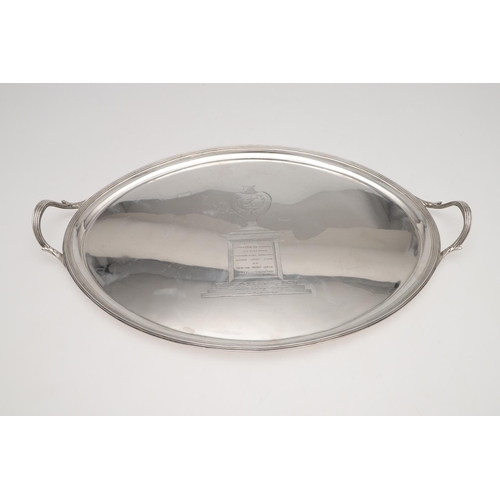 162 - A GEORGE III TWO-HANDLED SILVER TEA TRAY. oval, with reeded borders & handles, engraved in the centr... 